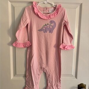Girls Pink Striped Dino Ruffle One-Piece Romper